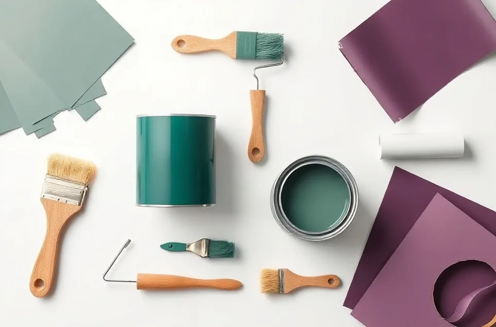Pots de peinture, nuancier, brosses et rouleaux disposés à plat
