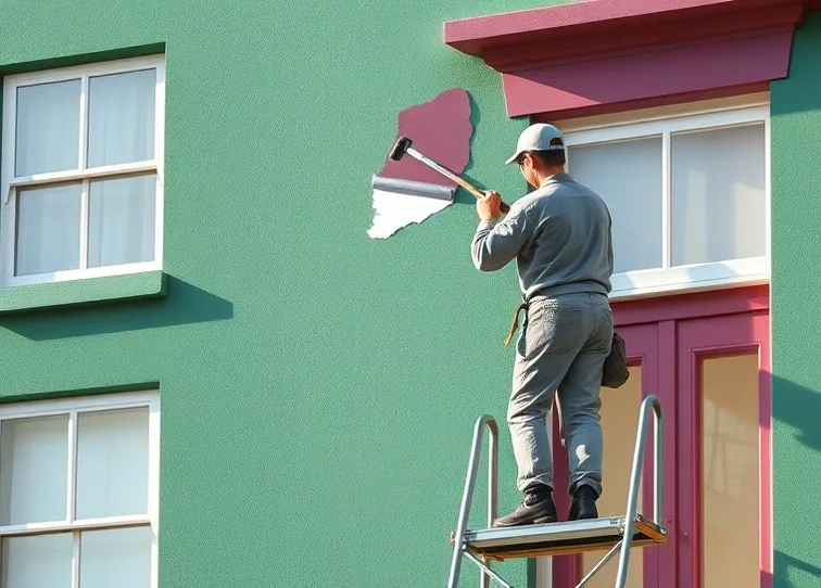 Peintre sur échafaudage traitant la façade d'une maison